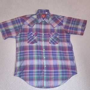 Ely‎ Plains Vintage Pearl Snap Shirt Mens Large Plaid Western Rockabilly Cowboy